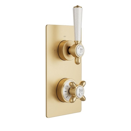 Booth & Co. Axbridge Brushed Brass 1 Outlet 2 White Handle Shower Valve